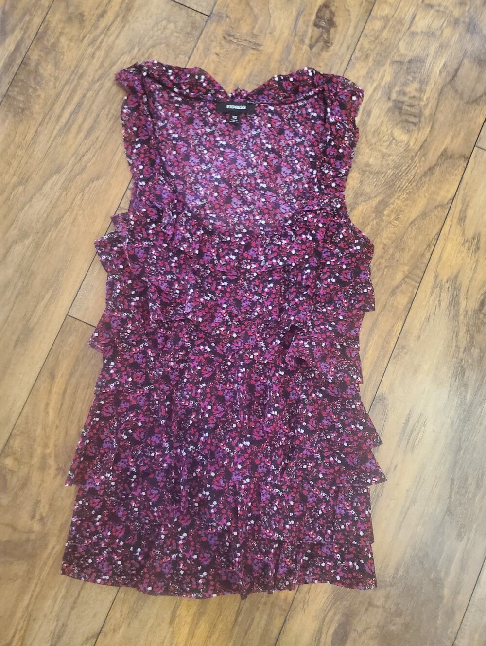 Express XS Burgundy Floral Tiered Ruffle Sleeveless Mini Dress
